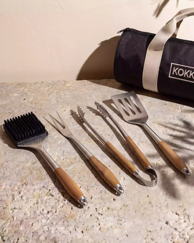 Set aus 4 Edelstahl- und Akazienholz-Utensilien