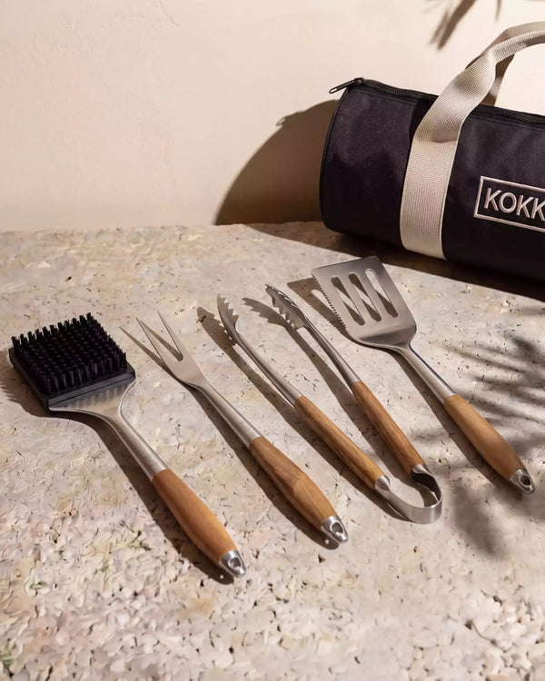 Set aus 4 Edelstahl- und Akazienholz-Utensilien