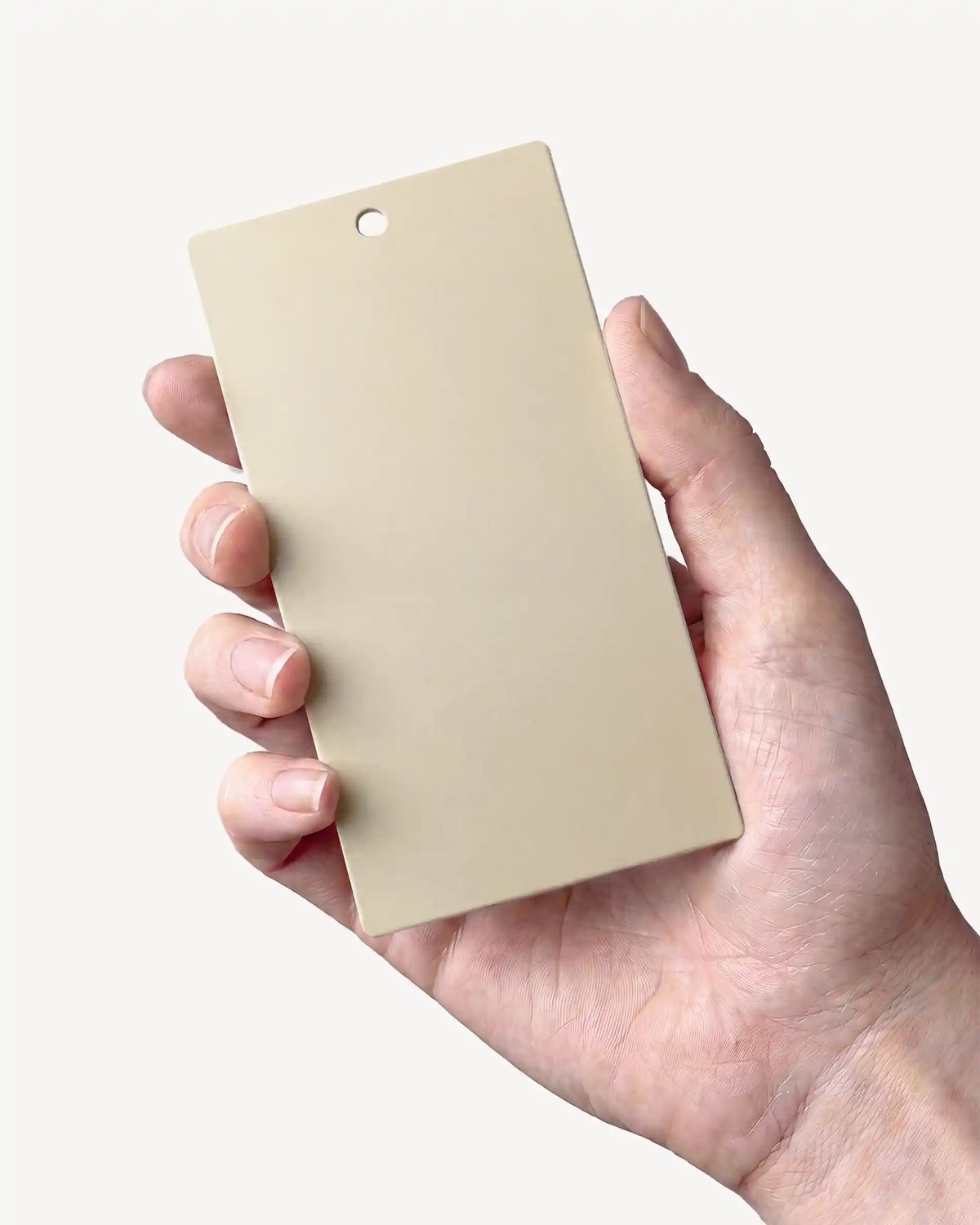 Hand, das ein Farbmuster in Creme-Beige PILOTIS hält