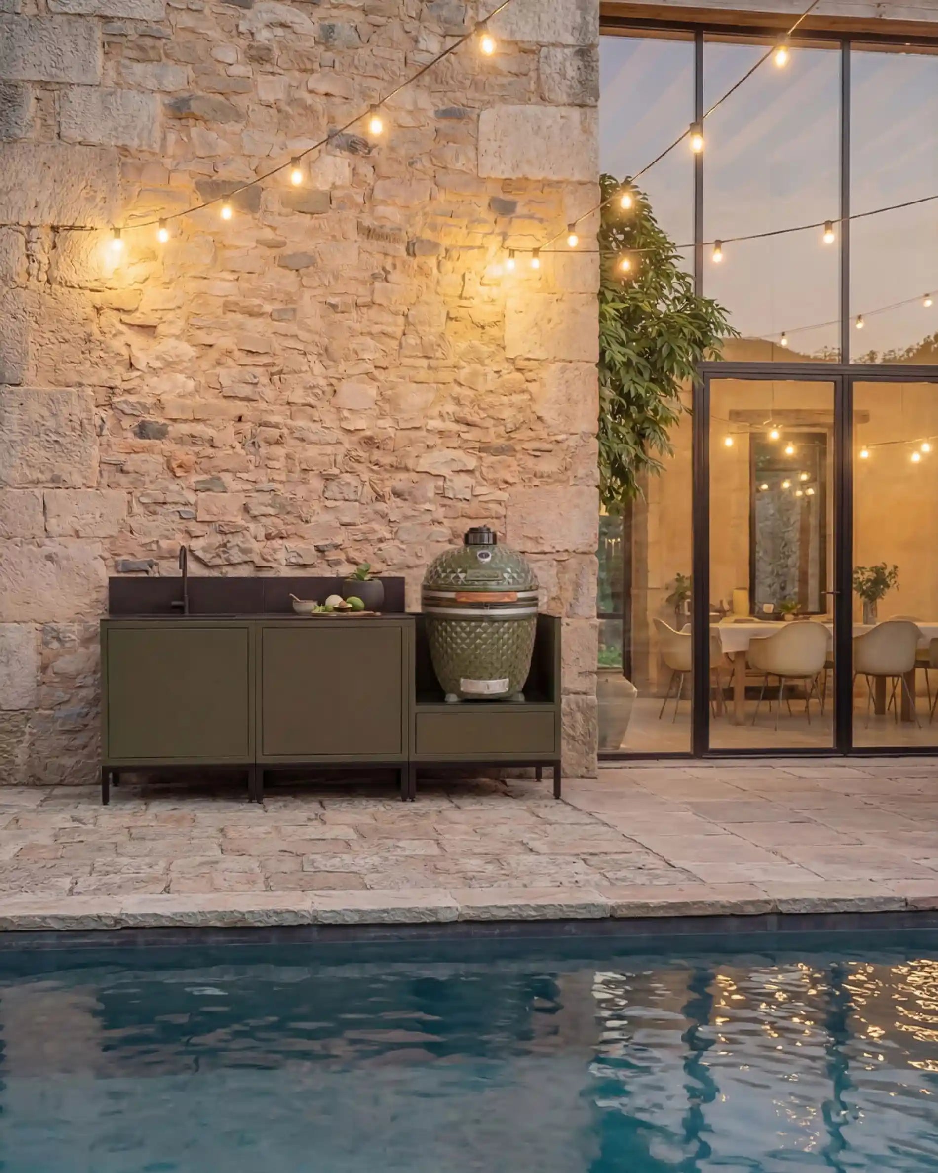 Kokko Pilotis Outdoor-Küche in Oliv mit Spüle und Kamado am Pool