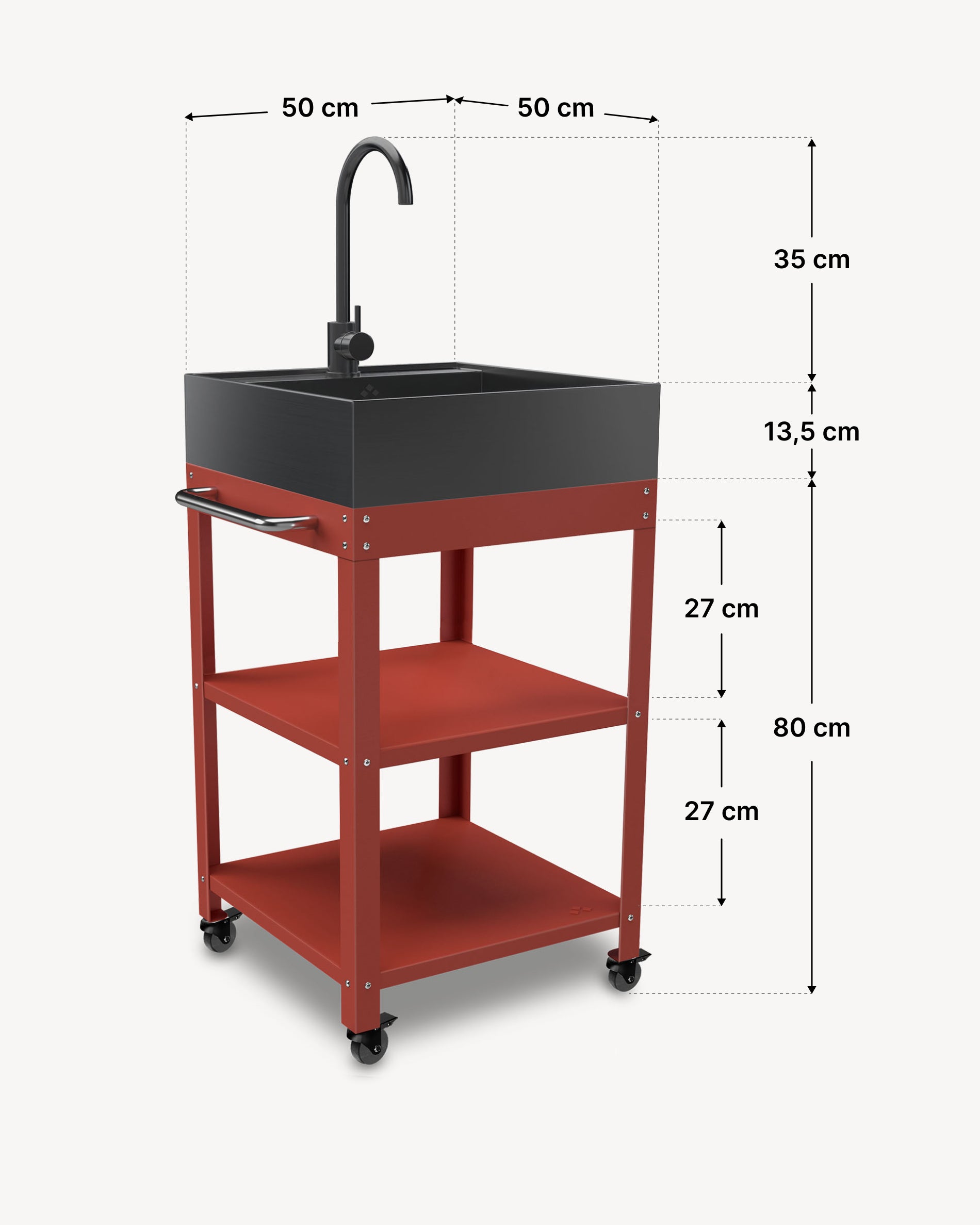Maße Metall-Beistelltisch 50x50 mit schwarzem Edelstahl-Spülbecken