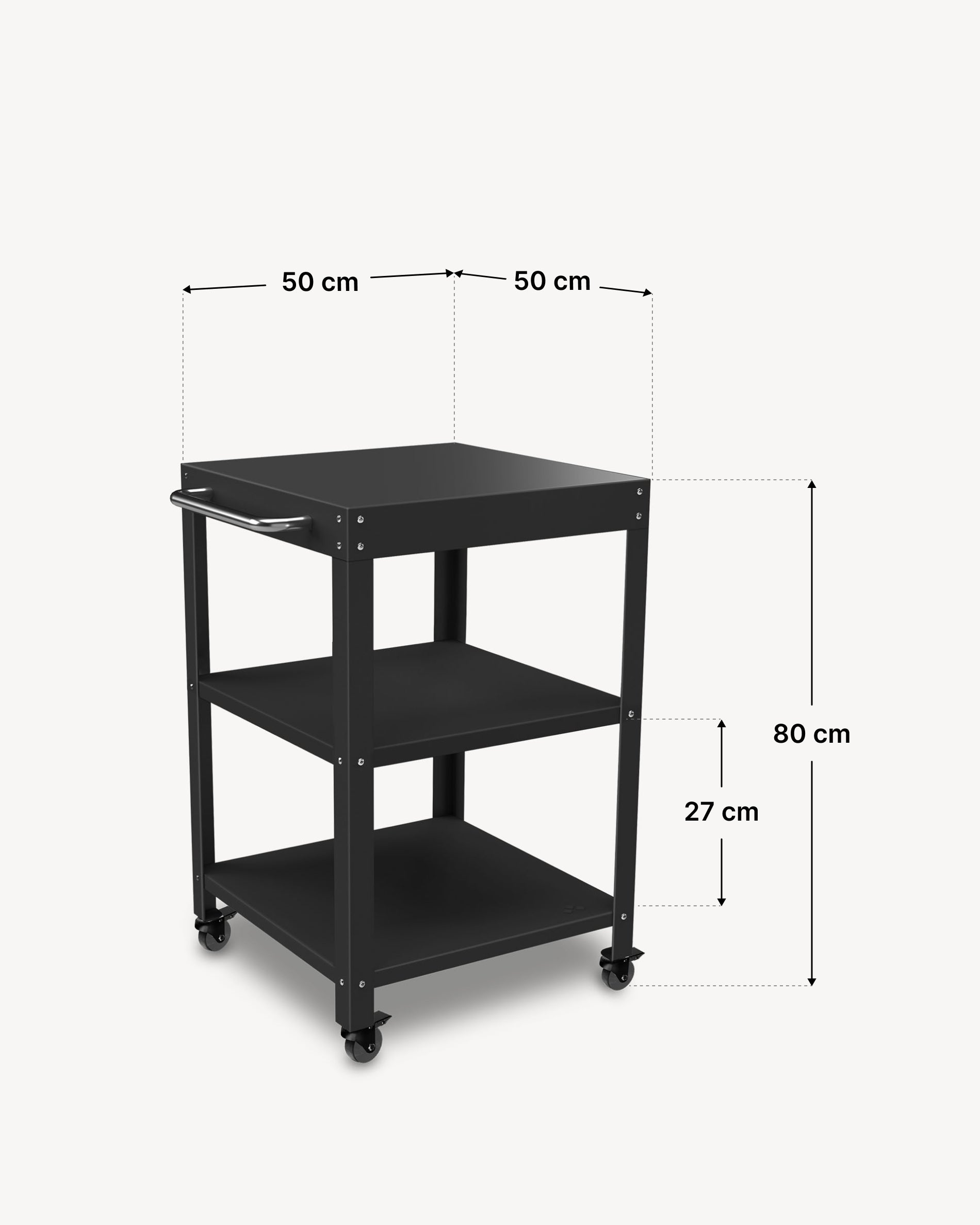 Maße des Metall-Beistelltischs mit 50 × 50 cm Ablagen.