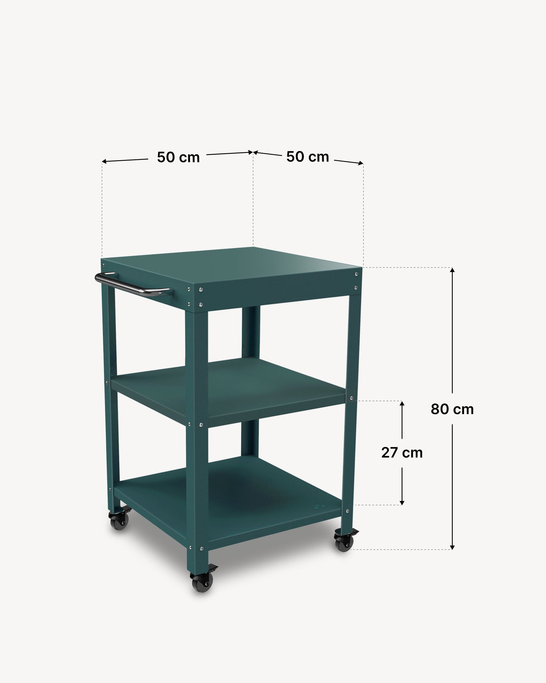 Maße des Metall-Beistelltischs mit 50 × 50 cm Ablagen.