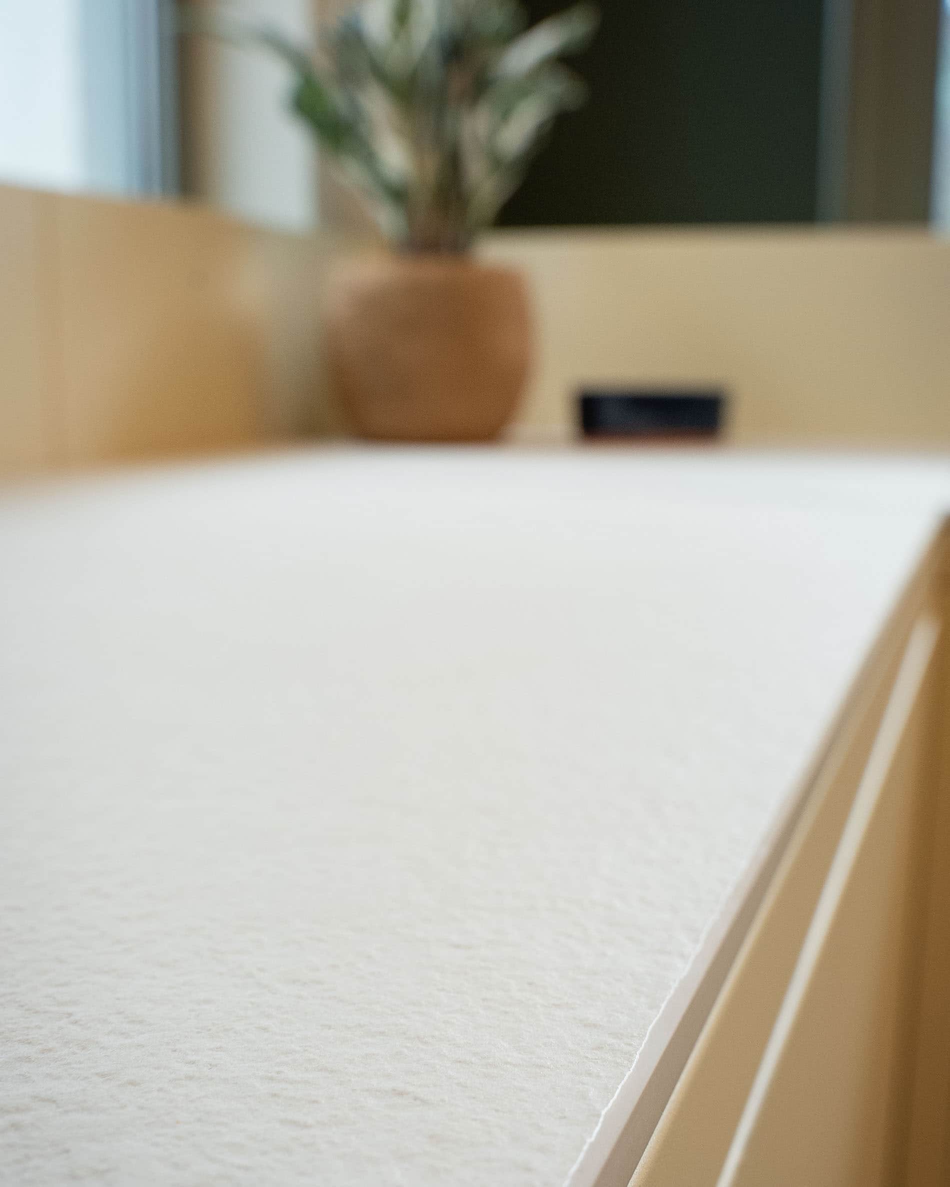 Detailansicht einer Arbeitsplatte in einer Stelzenküche, mit heller Oberfläche, matter Textur und edler Materialverarbeitung.