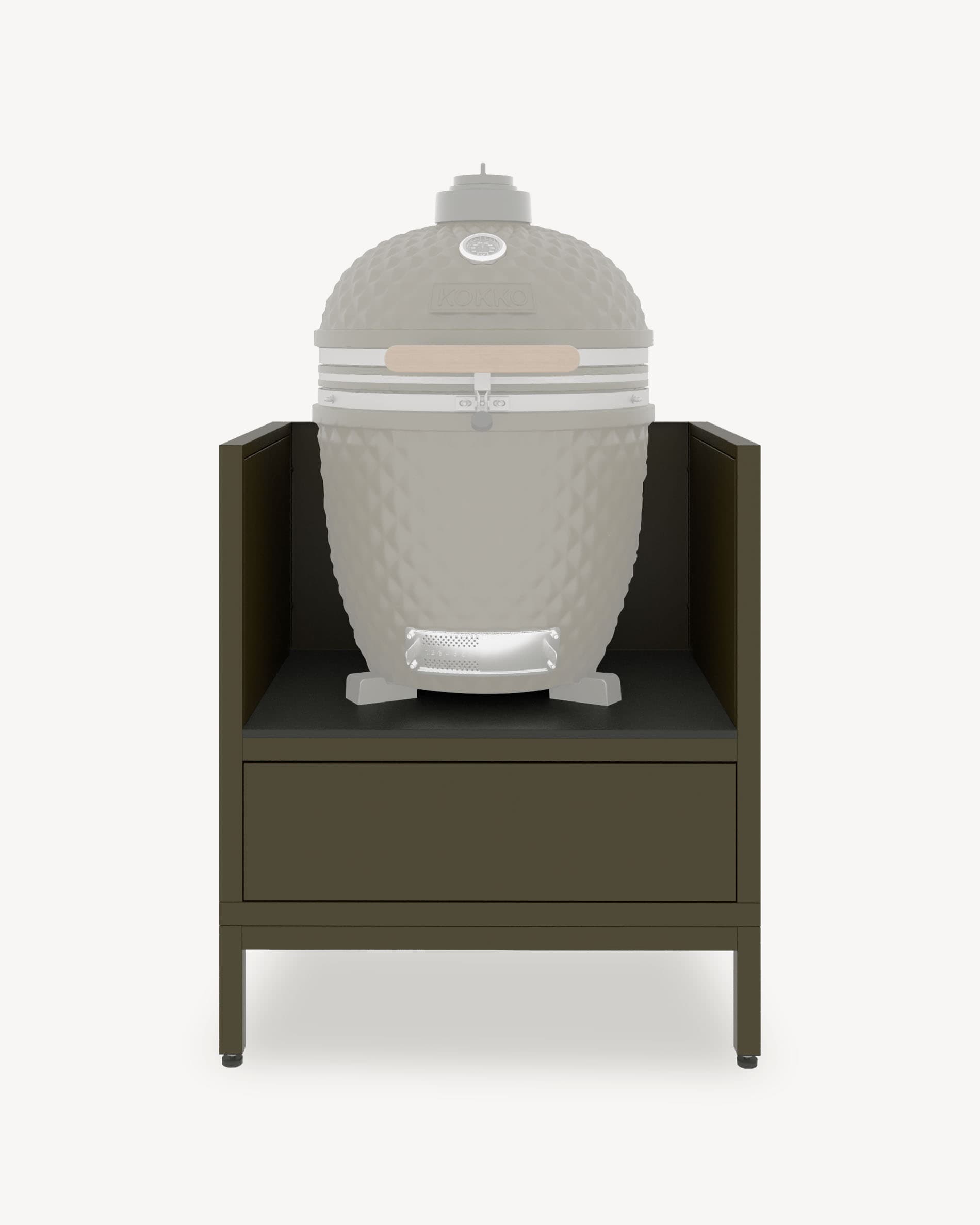 Küchenmodul auf Stelzen für Kamado, Möbel in Olivgrün mit geschlossenem Stauraum, dunkler Arbeitsplatte und integrierten Seitenwänden.