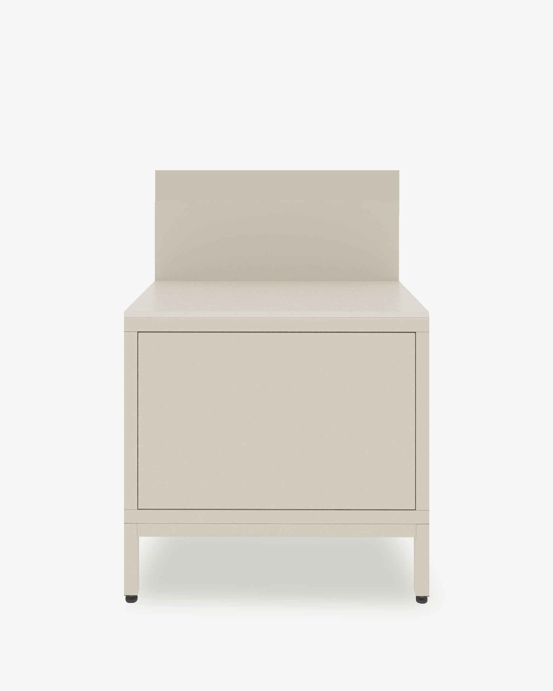 Küchenmodul auf Stelzen für Plancha, Front in Cremefarbe, geschlossener Stauraum, integrierte Arbeitsfläche und Rückwand.