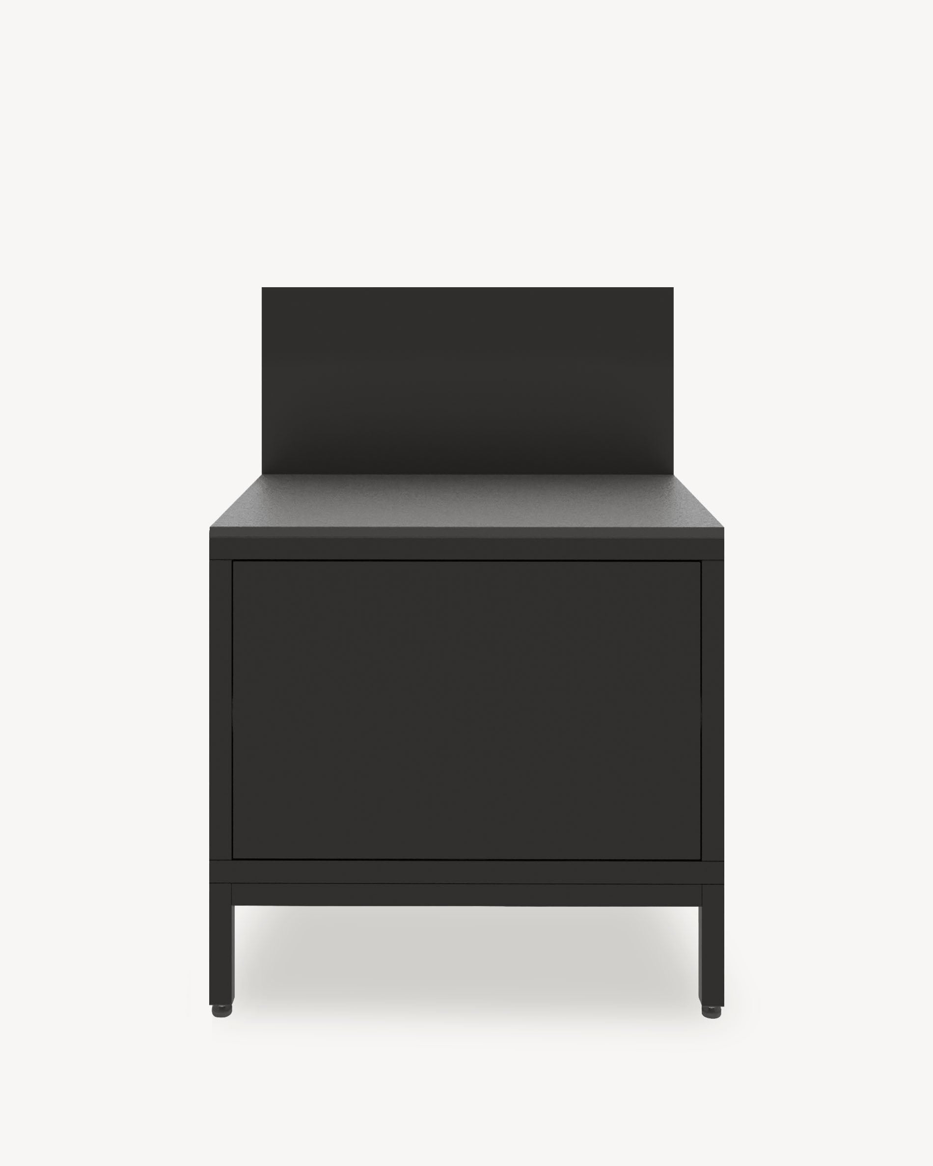 Küchenmodul auf Stelzen für Plancha, schwarze Front, geschlossener Stauraum, integrierte Arbeitsfläche und Rückwand.