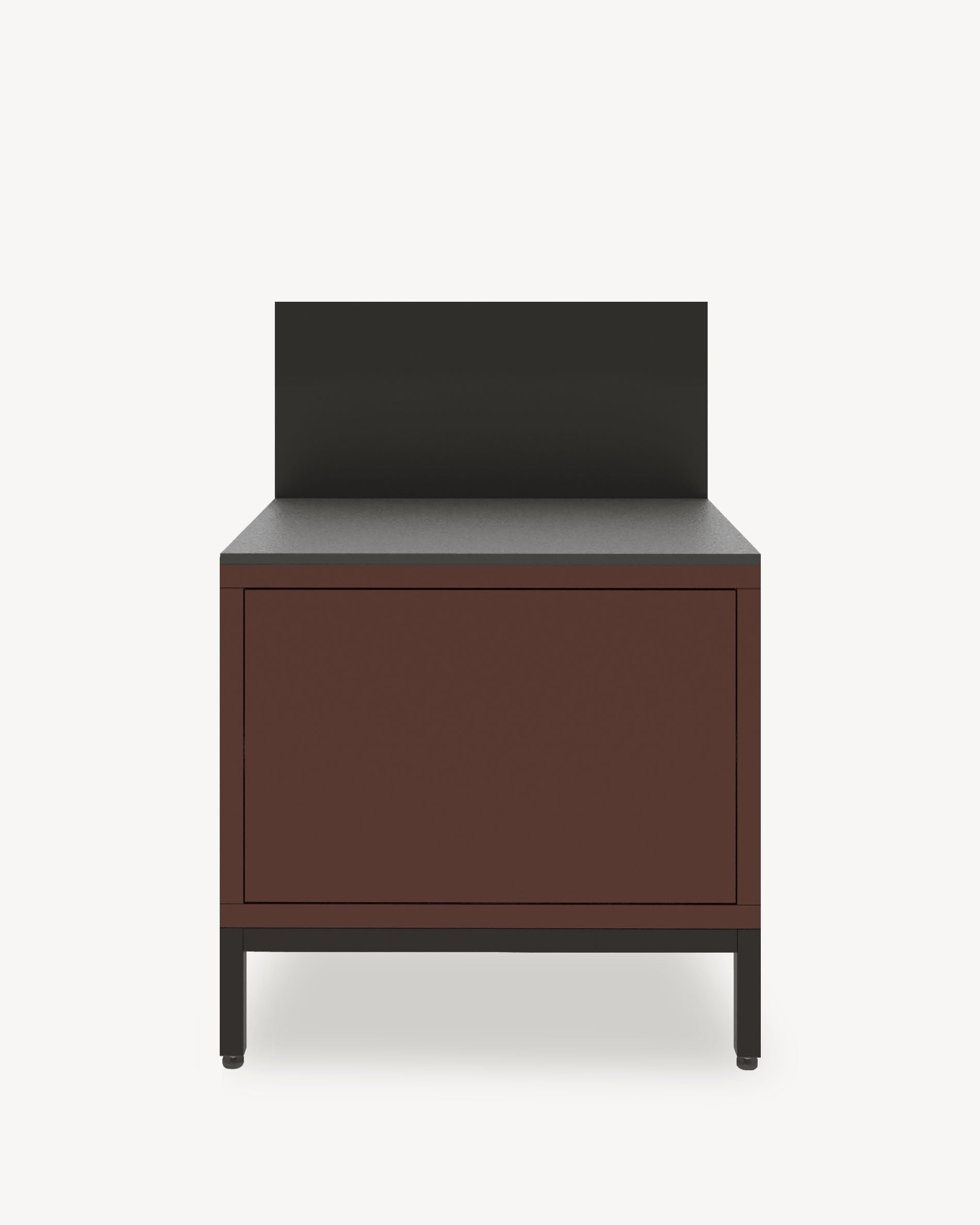 Küchenmodul auf Stelzen für Plancha, Front in Rostbraun, geschlossener Stauraum, integrierte Arbeitsfläche und Rückwand.