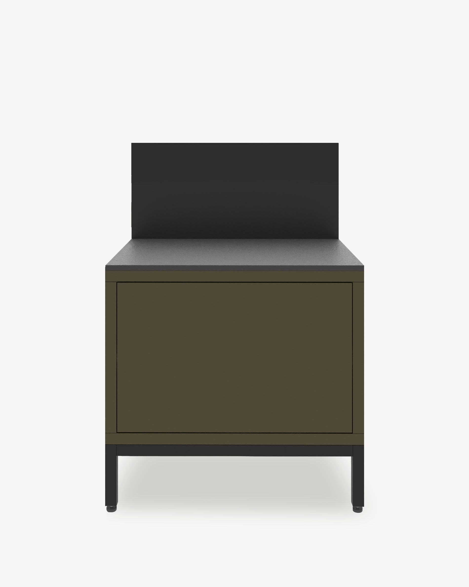 Küchenmodul auf Stelzen für Plancha, Front in Olivgrün, geschlossener Stauraum, integrierte Arbeitsfläche und Rückwand.