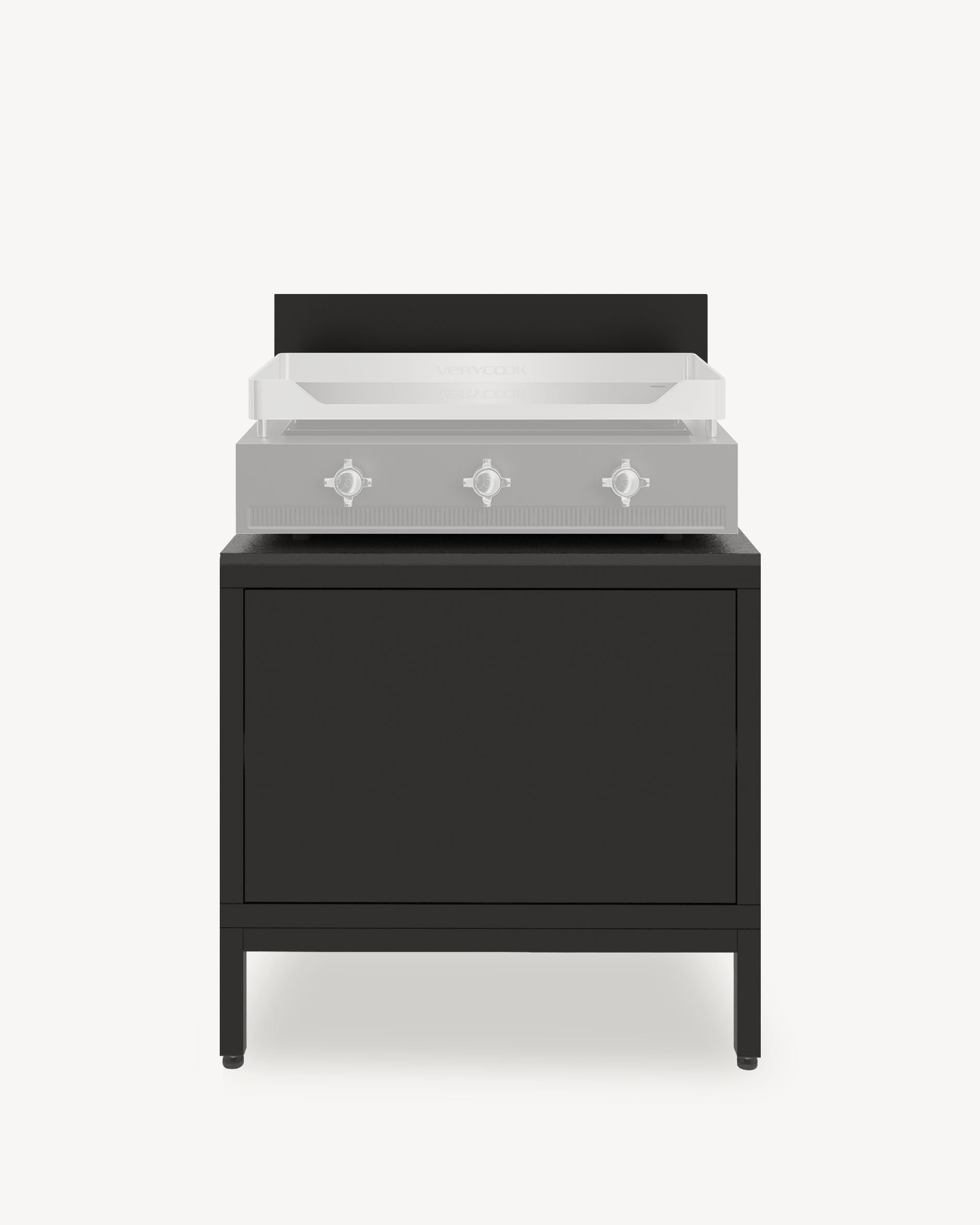 Küchenmodul auf Stelzen für Plancha, schwarzes Möbel mit geschlossenem Stauraum, dunkle Arbeitsfläche und integrierte Rückwand.