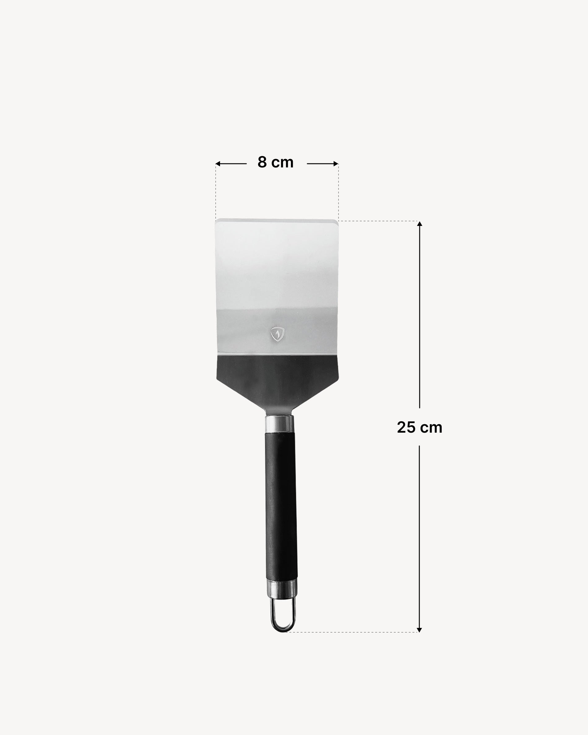 Klassischer Edelstahl-Spatel mit ergonomischem schwarzem Griff, abgebildet vor hellem Hintergrund mit Maßangaben: Klingenbreite 8 cm und Gesamtlänge 25 cm.