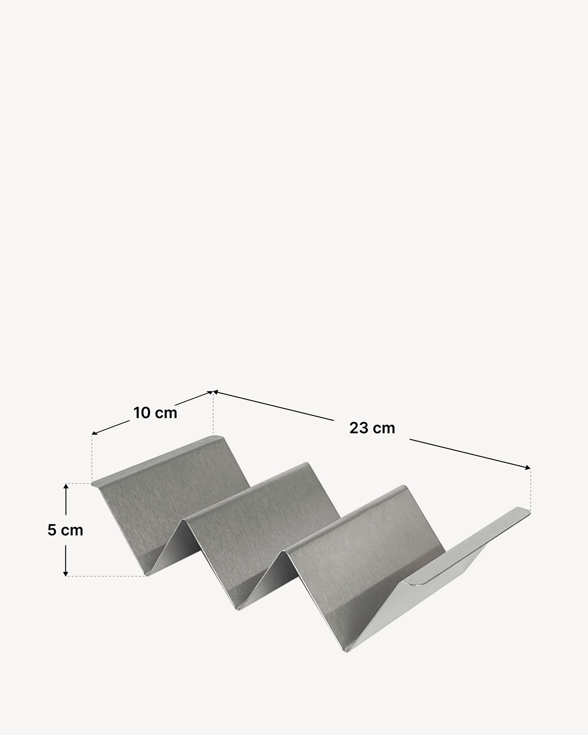 Taco-Halter aus Edelstahl mit gefalteter Zickzack-Struktur, mehreren Fächern für Tortillas, dargestellt mit einer Maßskizze: Gesamtlänge 23 cm, Breite 10 cm, Höhe 5 cm.